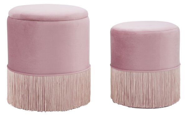 Puff Contenitore Lines Coppia Rosa Ø35x42-30x32 cm in Legno e Spugna e in Ferro e Poliestere Rosa