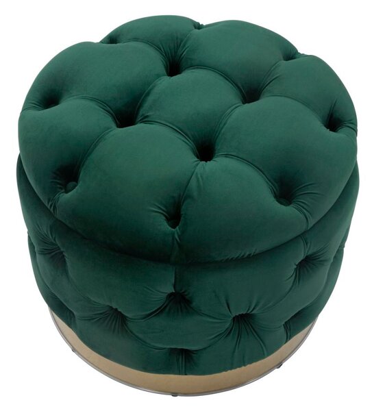 Puff Contenitore Rich Verde Ø55x42 cm in Legno Spugna Poliestere e Acciaio Verde e Oro