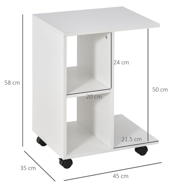 HOMCOM Tavolino da Salotto a C con 2 Ripiani Aperti e 4 Ruote Girevoli, in Truciolato, 45x35x58cm, Bianco|Aosom