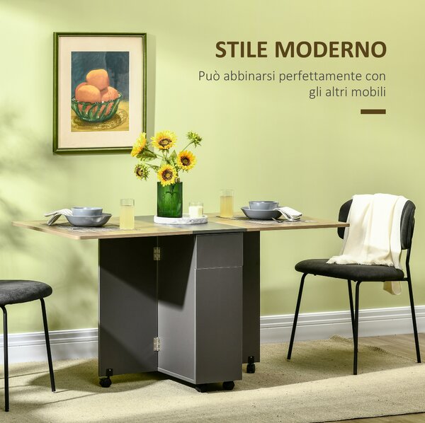 HOMCOM Tavolo Pieghevole Rettangolare da Pranzo in Truciolato con 2 Cassetti, un Armadietto e 6 Ruote, max. 6 Persone, 140x76x74cm, Color Legno|Aosom