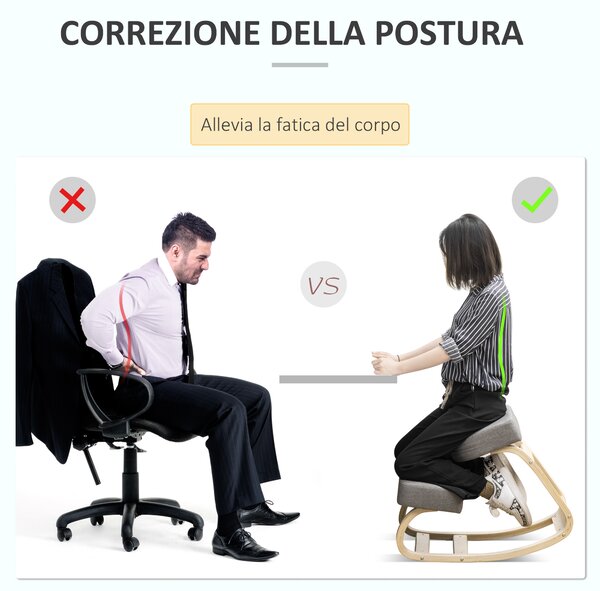 Vinsetto Sedia Ergonomica Posturale in Legno di Betulla e Cuscino in Gommapiuma e Poliestere, 51x69x58cm, Grigia|Aosom
