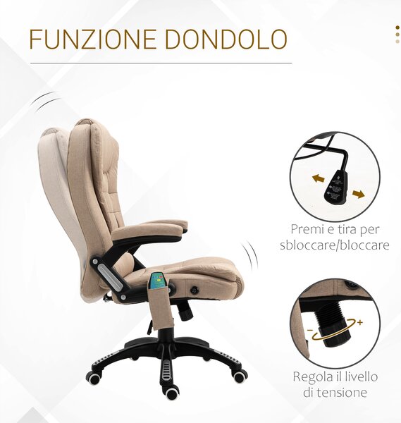 Vinsetto Poltrona da Ufficio Massaggiante Riscaldante con Altezza Regolabile, Schienale Inclinabile, in Tessutto Effetto Lino, Beige | Aosom Italy