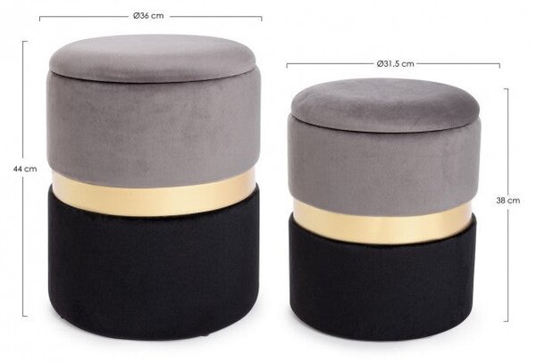 Set 2 Pouf Contenitore Polina Grigio-Nero in Tessuto effetto Velluto