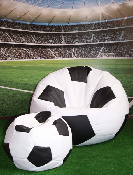 Poltrona a Sacco Pouf Ø100 cm in Similpelle con Poggiapiedi Baselli Pallone da Calcio Bianco e Nero