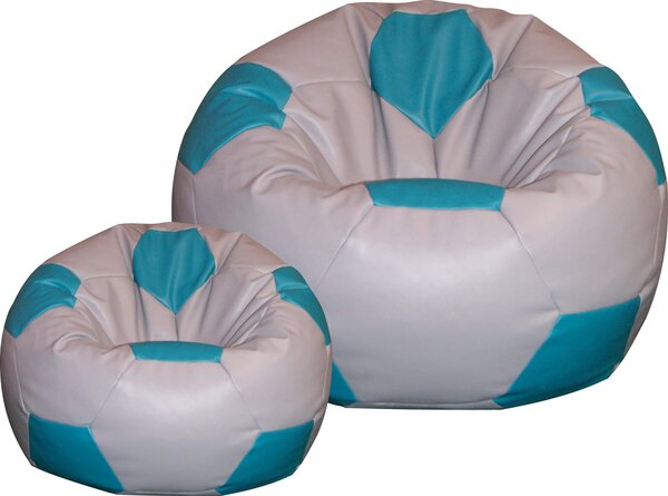 Poltrona a Sacco Pouf Ø100 cm in Similpelle con Poggiapiedi Baselli Pallone da Calcio Grigio e Turchese