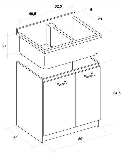 Mobile Lavatoio 80x60x85cm 2 Ante 2 Vasche Asse in Legno Montegrappa Marella Bianco con Cesto