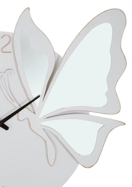 Orologio Glam Farfalla Bianco 66x4,5x64 cm in Ferro MDF e Specchio Bianco