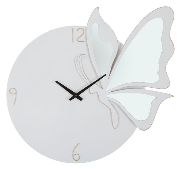 Orologio Glam Farfalla Bianco 66x4,5x64 cm in Ferro MDF e Specchio Bianco