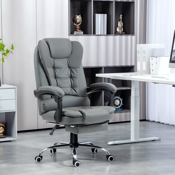 HOMCOM Sedia da Ufficio Ergonomica Reclinabile a 145° con Poggiapiedi Estraibile in Finta Pelle, Grigio