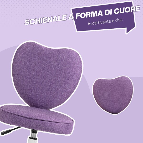 Vinsetto Sedia per Scrivania a Cuore con 5 Rotelle e Altezza Regolabile in Tessuto, 40x50x79-89cm, Viola