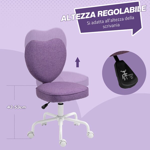 Vinsetto Sedia per Scrivania a Cuore con 5 Rotelle e Altezza Regolabile in Tessuto, 40x50x79-89cm, Viola