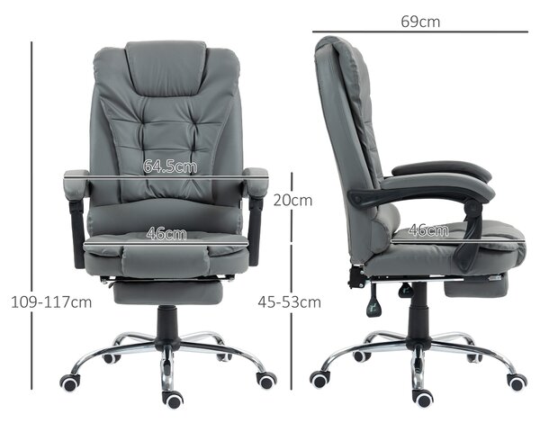 HOMCOM Sedia da Ufficio Ergonomica Reclinabile a 145° con Poggiapiedi Estraibile in Finta Pelle, Grigio