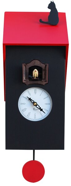 Orologio a Cucù da Parete 17x37x12 cm con Gatto Pirondini Italia Vicenza Nero e Rosso