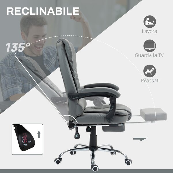 HOMCOM Sedia da Ufficio Ergonomica Reclinabile a 145° con Poggiapiedi Estraibile in Finta Pelle, Grigio