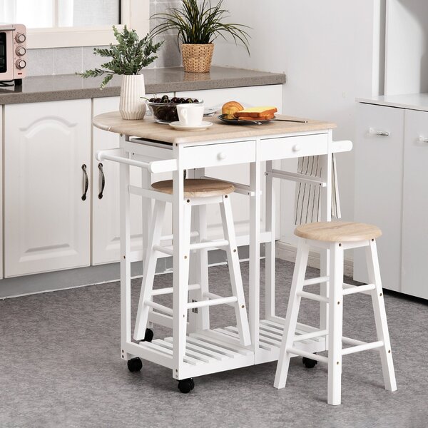 Carrello da Cucina Pieghevole con 2 Sgabelli in MDF Bianco