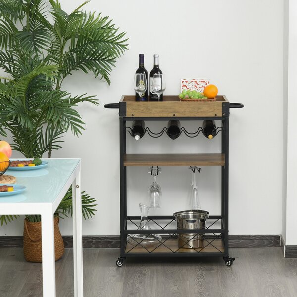 Carrello da Cucina 77x44,5x91 cm 3 Ripiani Portabicchieri e Ruote in Legno e Metallo