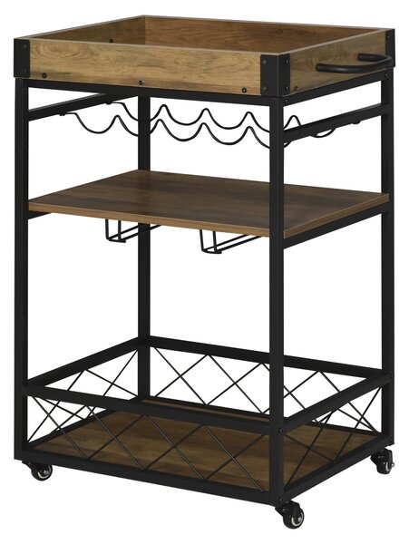 Carrello da Cucina 77x44,5x91 cm 3 Ripiani Portabicchieri e Ruote in Legno e Metallo
