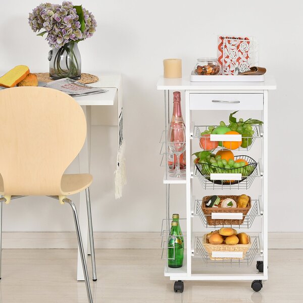 Carrello da Cucina 47x37x83 cm 2 Ripiani 4 Cestelli in Legno MDF Bianco