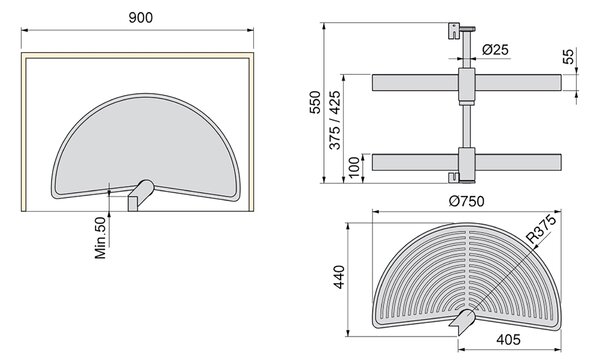 Cestello Girevole Ø75 cm per Mobile da Cucina 90 cm in Plastica Emuca Grigio