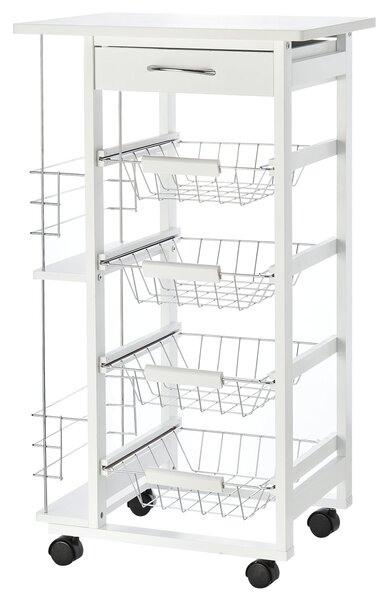 Carrello da Cucina 47x37x83 cm 2 Ripiani 4 Cestelli in Legno MDF Bianco
