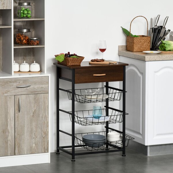 Mobiletto da Cucina 3 Cestelli 1 Cassetto 60x40x86,3 cm in Metallo Marrone e Nero