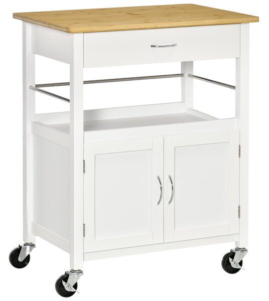 Carrello da Cucina 1 Cassetto 2 Ante con Ruote 73x50x91 cm Piano in Bambù Bianco