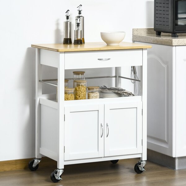 Carrello da Cucina 1 Cassetto 2 Ante con Ruote 73x50x91 cm Piano in Bambù Bianco