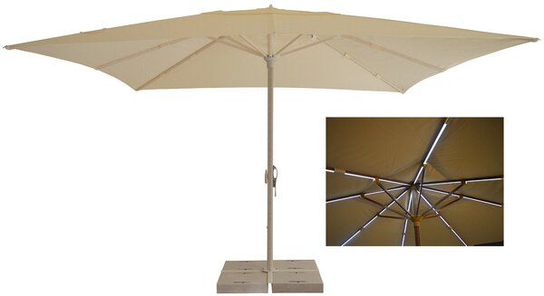 Ombrellone da Giardino 4x4 m Palo Ø60 mm con LED in Alluminio Legno Larice Telo in Poliestere Avorio
