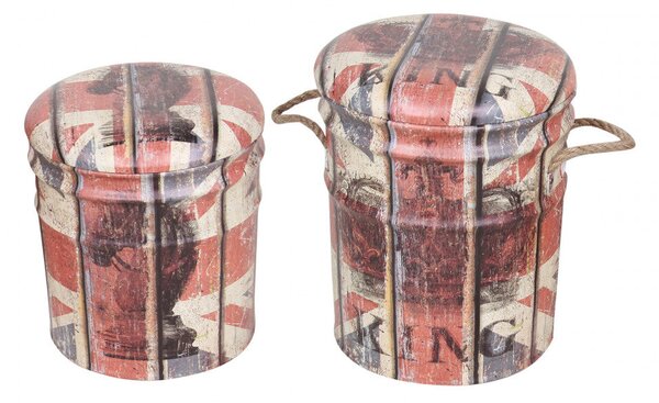 Set 2 Pouf Contenitore Tondo in MDF Panna e Rosso
