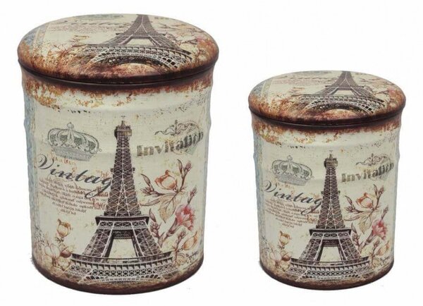 Set 2 Pouf Contenitore Tondo in MDF Torre Eiffel