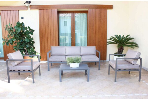 Set Salotto da Giardino Divano 2 Poltrone e Tavolino con Cuscini in Alluminio Taupe