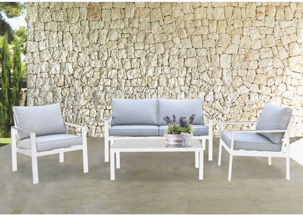 Set Salotto da Giardino Divano 2 Poltrone e Tavolino con Cuscini in Alluminio Bianco