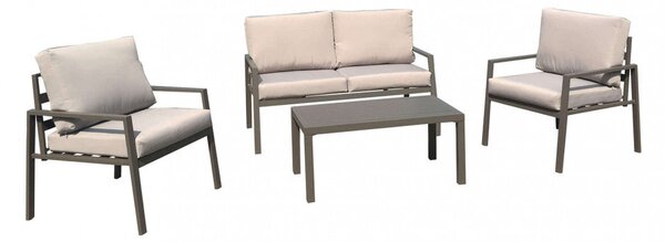 Set Salotto da Giardino Divano 2 Poltrone e Tavolino con Cuscini in Alluminio Taupe