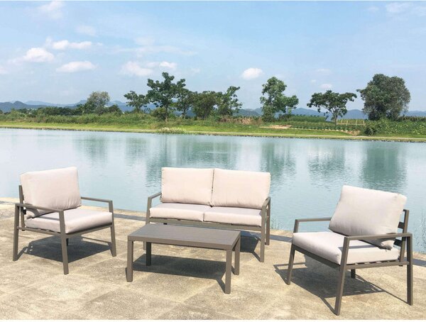 Set Salotto da Giardino Divano 2 Poltrone e Tavolino con Cuscini in Alluminio Taupe