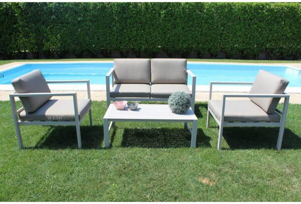 Set Salotto da Giardino Divano 2 Poltrone e Tavolino con Cuscini in Alluminio Tortora