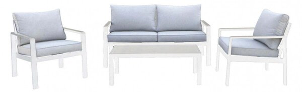 Set Salotto da Giardino Divano 2 Poltrone e Tavolino con Cuscini in Alluminio Bianco