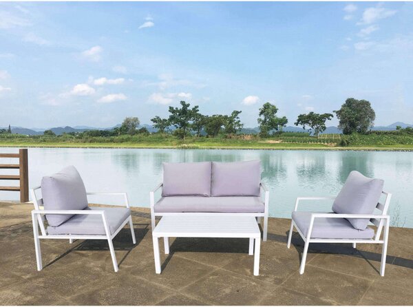 Set Salotto da Giardino Divano 2 Poltrone e Tavolino con Cuscini in Alluminio Bianco