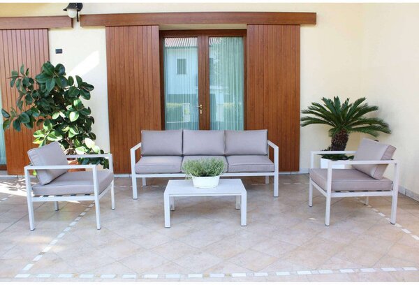 Set Salotto da Giardino Divano 2 Poltrone e Tavolino con Cuscini in Alluminio Tortora