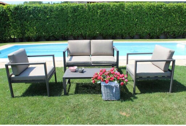 Set Salotto da Giardino Divano 2 Poltrone e Tavolino con Cuscini in Alluminio Taupe