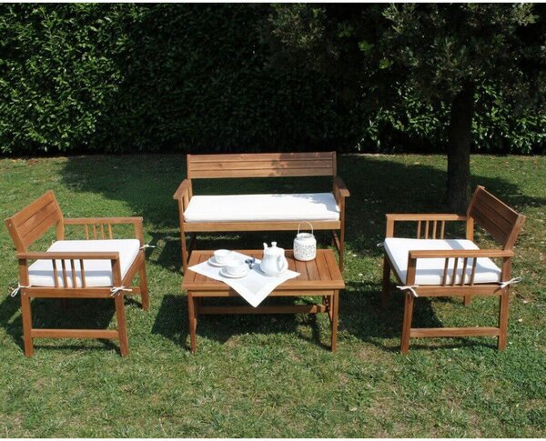 Set Salotto da Giardino Divano 2 Poltrone e Tavolino con Cuscini in Legno Marrone