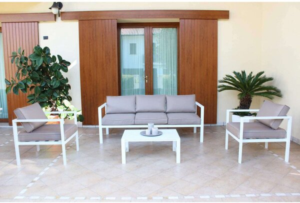 Set Salotto da Giardino Divano 2 Poltrone e Tavolino con Cuscini in Alluminio Bianco