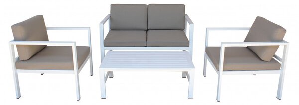 Set Salotto da Giardino Divano 2 Poltrone e Tavolino con Cuscini in Alluminio Bianco
