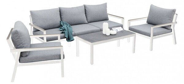 Set Salotto da Giardino Divano 2 Poltrone e Tavolino con Cuscini in Alluminio Bianco