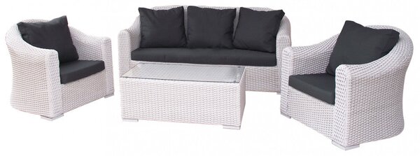 Set Salotto da Giardino Divano 2 Poltrone e Tavolino con Cuscini in Wicker Bianco