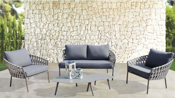 Set Salotto da Giardino Divano 2 Poltrone e Tavolino con Cuscini in Alluminio Marrone