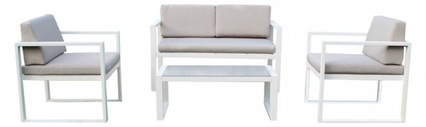 Set Salotto da Giardino Divano 2 Poltrone e Tavolino con Cuscini in Alluminio Bianco