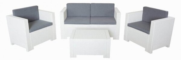 Set Salotto da Giardino Divano 2 Poltrone e Tavolino con Cuscini in Plastica Bianco
