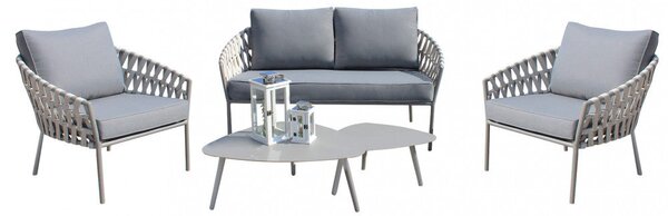 Set Salotto da Giardino Divano 2 Poltrone e Tavolino con Cuscini in Alluminio Marrone