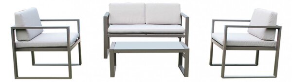 Set Salotto da Giardino Divano 2 Poltrone e Tavolino con Cuscini in Alluminio Taupe