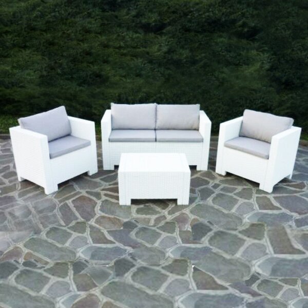 Set Salotto da Giardino Divano 2 Poltrone e Tavolino con Cuscini in Plastica Bianco